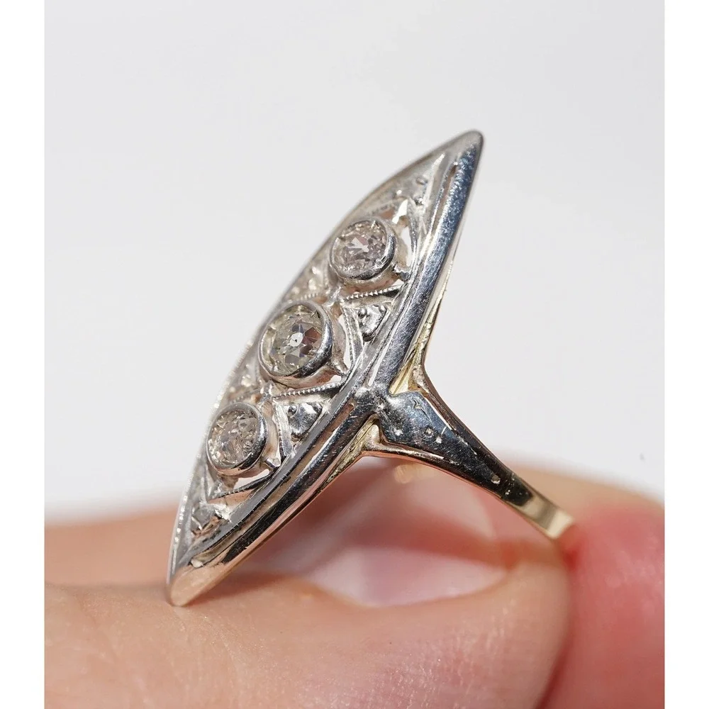 Antique Edwardian 12k Solid Gold Natural Old European Cut Ring Filigree Navette - Picture 9 of 10